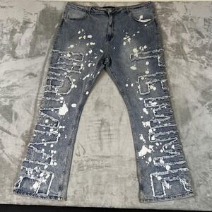 Homme + Femme Jeans Mens 44 Blue Paint Splatter Distressed Denim Lettering